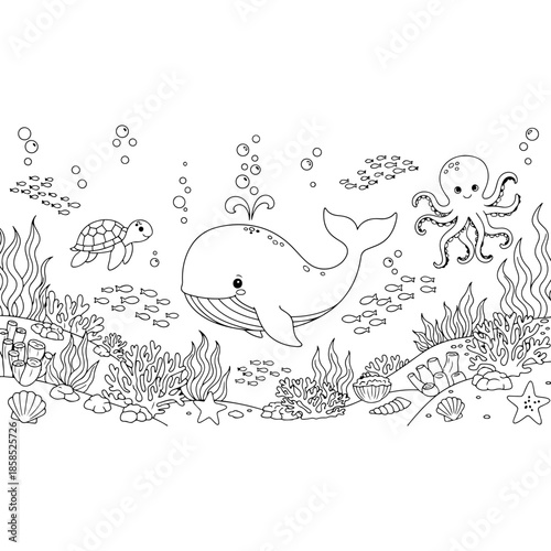 Under the sea coloring page with cute whale sea turtle octopus and colorful corals with bubbles vector line art illustration for kids marine biology education and ocean life theme art activity.