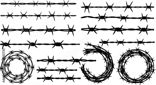 Razor wire silhouettes. Barbed wire metallic border elements, sharply barb wire fencing vector symbols set. Prison barbed wire
