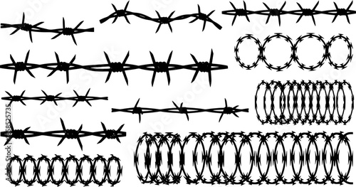 Razor wire silhouettes. Barbed wire metallic border elements, sharply barb wire fencing vector symbols set. Prison barbed wire