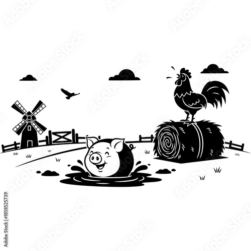 Countryside farm scene coloring page with happy pig in mud rooster on hay bale and windmill vector outline illustration for children agriculture education and domestic animal theme art activity.