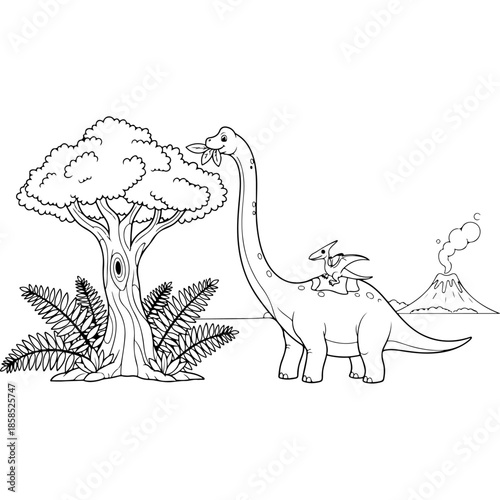 Prehistoric dinosaur coloring page with long neck diplodocus pterodactyl and volcano in background vector line art illustration for kids science education and ancient world history art activity.