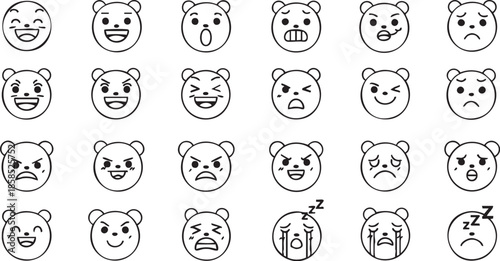 A collection of black and white line art bear emoji faces expressing various emotions and moods.