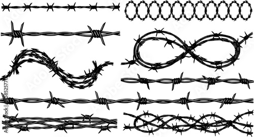 Razor wire silhouettes. Barbed wire metallic border elements, sharply barb wire fencing vector symbols set. Prison barbed wire