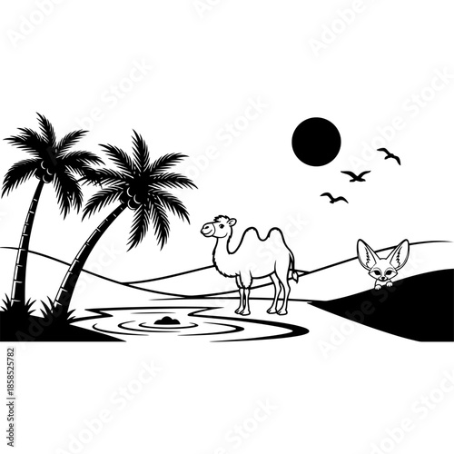 Desert landscape coloring page with camel fennec fox and palm trees under hot sun and flying birds vector line art illustration for kids geography education and middle east nature theme activity.
