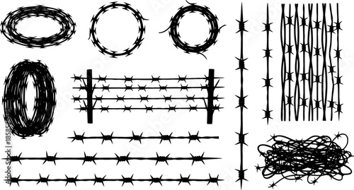 Razor wire silhouettes. Barbed wire metallic border elements, sharply barb wire fencing vector symbols set. Prison barbed wire