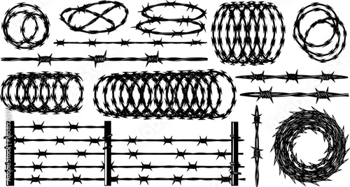 Razor wire silhouettes. Barbed wire metallic border elements, sharply barb wire fencing vector symbols set. Prison barbed wire