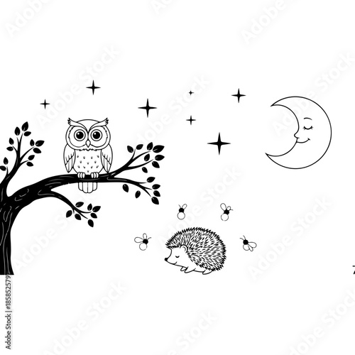 Night scene coloring page with cute owl sitting on tree branch and hedgehog under starry sky and smiling moon vector line art illustration for children bedtime story book and creative art hobby.