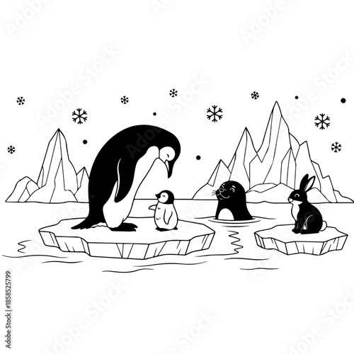 Arctic landscape coloring page featuring cute penguins seals and polar rabbit on ice floes with snowy mountains and snowflakes vector outline illustration for kids winter theme educational activity.