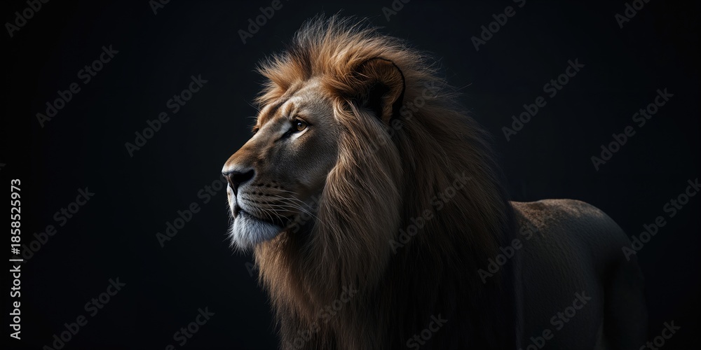 Naklejka premium Close-up of a lion's face with shadowed background, focusing on predator alertness and natural habitat