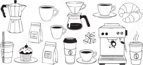 A detailed black and white line art illustration featuring a variety of coffee brewing equipment, cups, beans, and pastries.