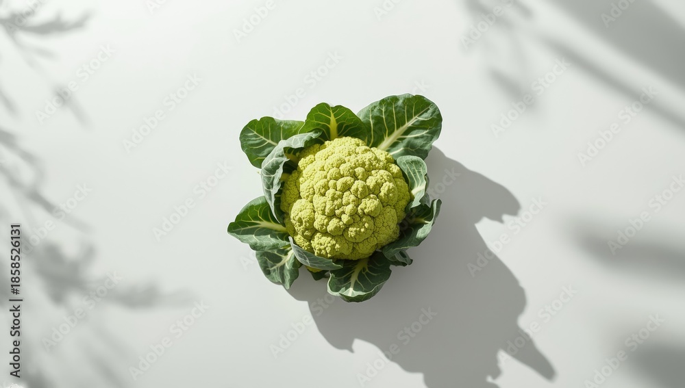 Fototapeta premium Flat lay of green cauliflower on white surface emphasizing food styling for macro shot, Earth Day