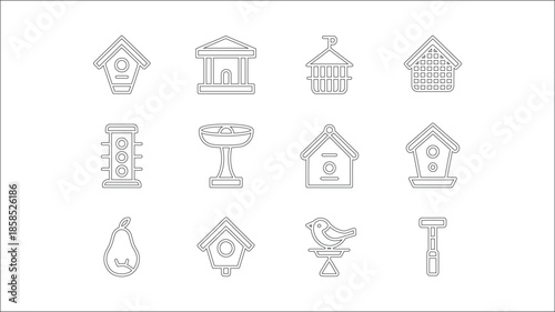 Set of twelve detailed birdhouse and feeder line icons for backyard decoration