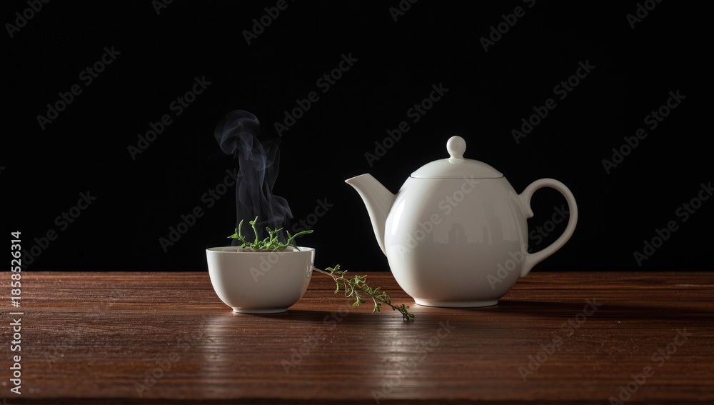 Fototapeta premium Herbal thyme tea made with a tea infuser and white teapot, focusing on natural ingredients and infusion process