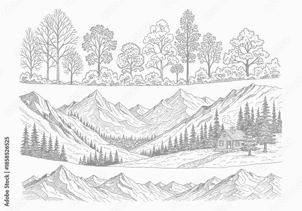 Fototapeta premium A serene mountain landscape with trees and a cabin