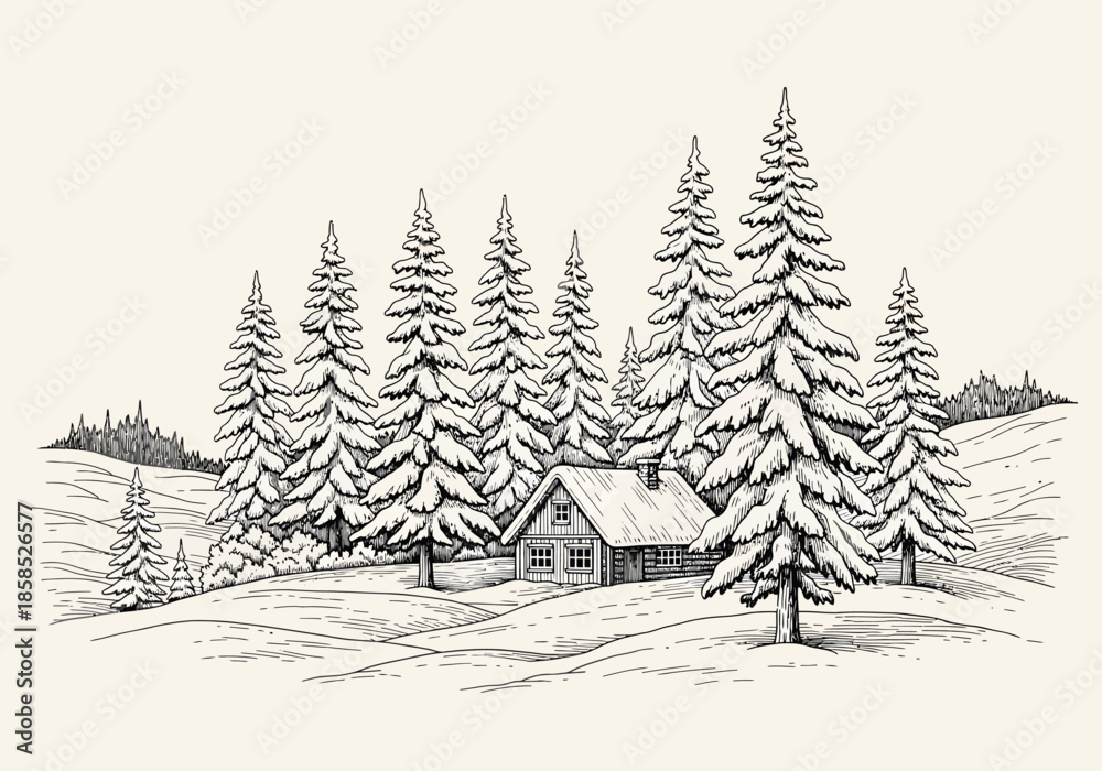 Fototapeta premium A cozy cabin nestled amongst snow-covered pine trees in a winter landscape