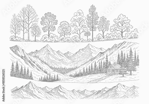 A serene mountain landscape with trees and a cabin