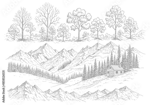 A serene mountain landscape with a rustic cabin nestled among trees