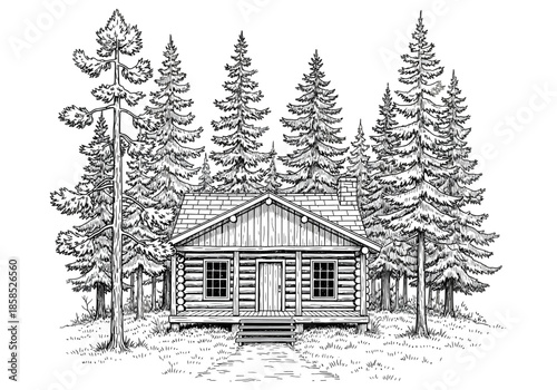 Rustic log cabin nestled amongst tall pine trees in a forest setting