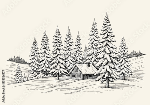 A cozy cabin nestled amongst snow-covered pine trees in a winter landscape