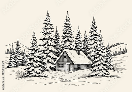 A rustic cabin nestled amongst snow-covered pine trees in a serene winter landscape