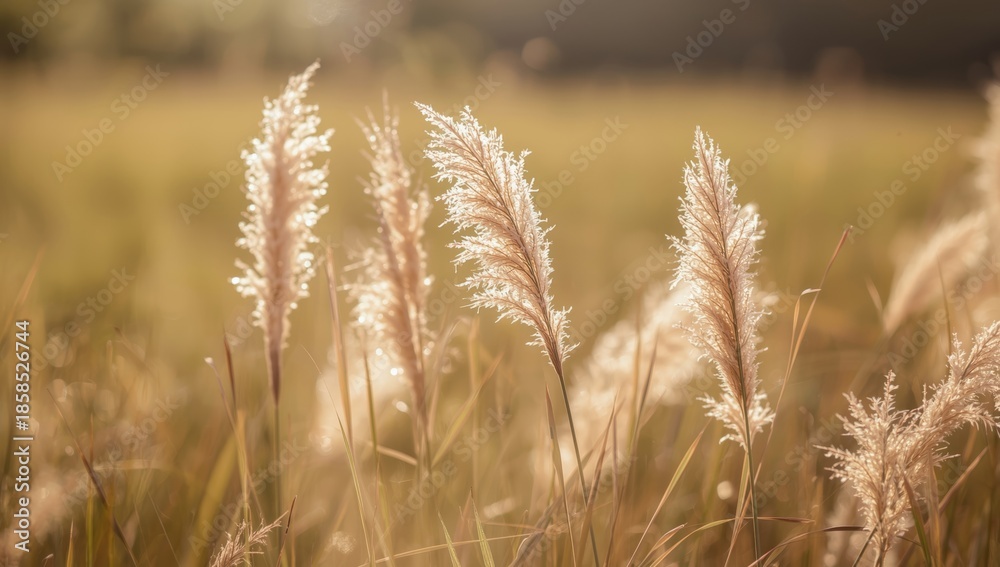 Obraz premium Poaceae grass flowers in soft focus and blurred background, highlighting seasonal grass growth for landscape preservation