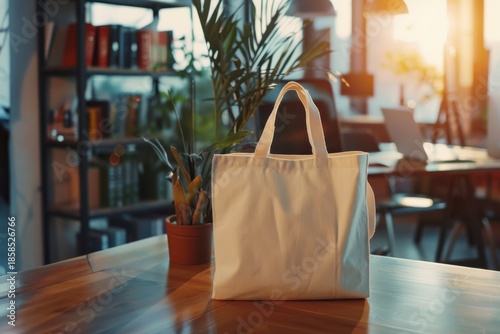 Office Table with Stylish Canvas Tote Bag Mockup