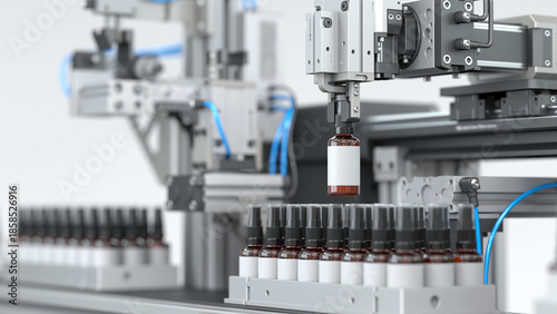 Automatic drug production line: a robotic arm with pneumatic grippers handles glass vials on a fast conveyor. 3D render