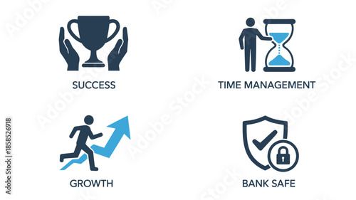 Business success icons in minimalist style with dark blue color on white background for infographic template