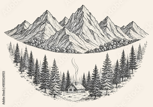 Serene mountain landscape with a cozy cabin nestled in the pines