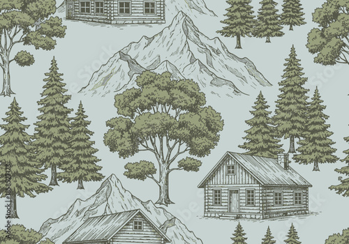 Rustic log cabins nestled in a serene mountain landscape with evergreen trees