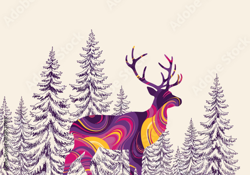 Colorful deer amidst a stylized pine forest