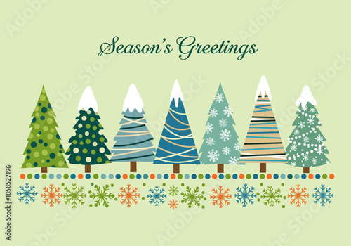 Season's greetings with a line of festive christmas trees and snowflakes