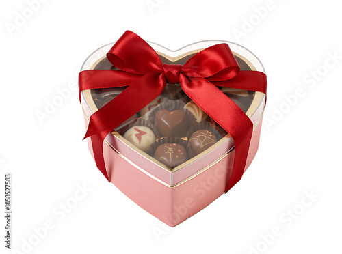 Premium pink heart-shaped chocolate truffle box with red bow, expert background removal for luxury gift branding.