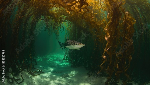 Marine life scene with a striped catshark navigating kelp forest, highlighting underwater ecosystems