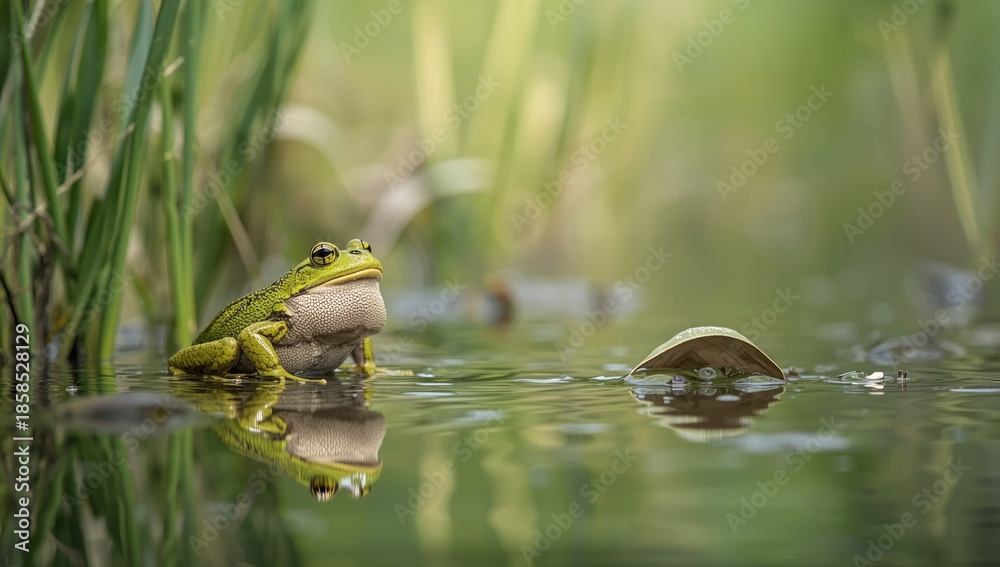 Fototapeta premium Green Pool Frog performing courtship display with puffed cheeks, highlighting reproductive behavior, World Amphibian Day