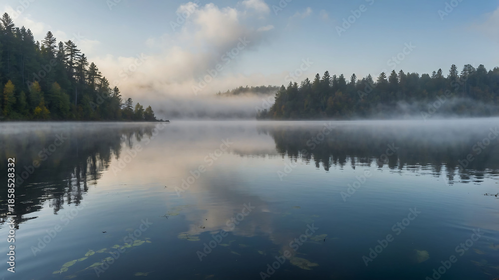 Fototapeta premium Foggy lake beside mountain