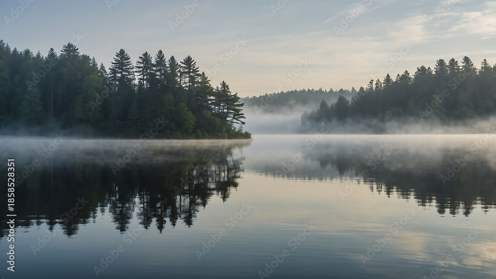 Fototapeta premium Foggy lake beside mountain