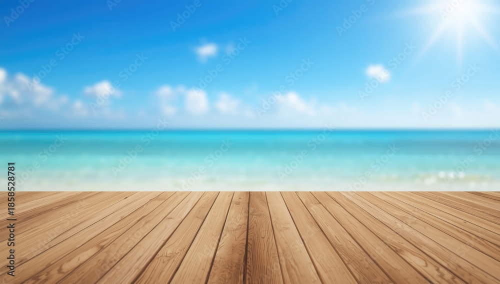 Fototapeta premium Out-of-focus ocean view behind wooden deck flooring, emphasizing a tranquil outdoor setting for relaxation
