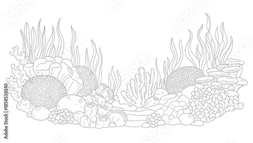 Underwater Coral Reef Scene Outline - Coloring Page Elements
