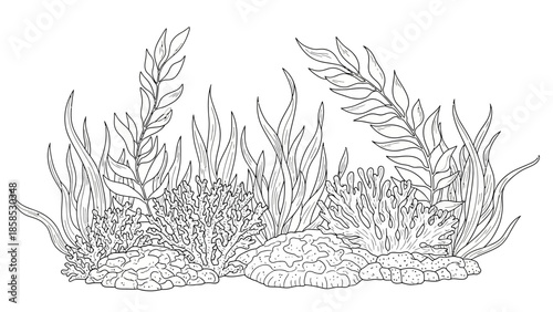 Underwater Coral Reef Scene Illustration, Black and White Line Art