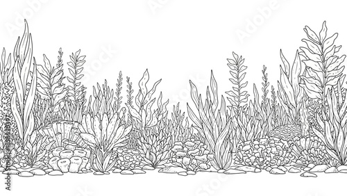 Underwater Plant Line Art: Aquatic Flora and Rocks Border