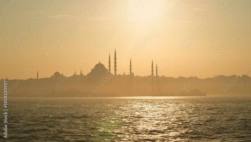 Naklejka premium Turkish mosque silhouette during sunset, cityscape with retro-toned visuals, travel imagery, cultural identification