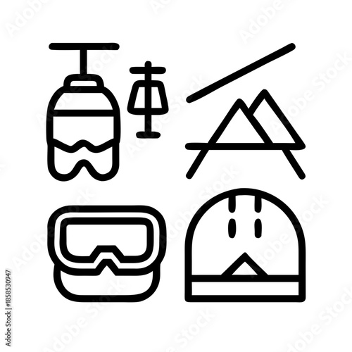 Skiing equipment icons: ski lift, mountains, goggles, and helmet