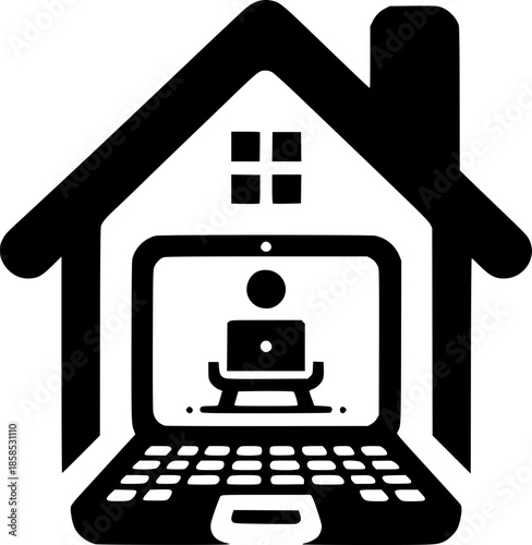 Home Office Concept: The image portrays a creative work-from-home concept, showcasing a person working in a laptop encompassed within a house frame.