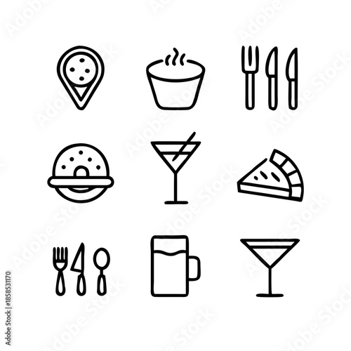 A collection of nine simple line art icons representing food and drink items