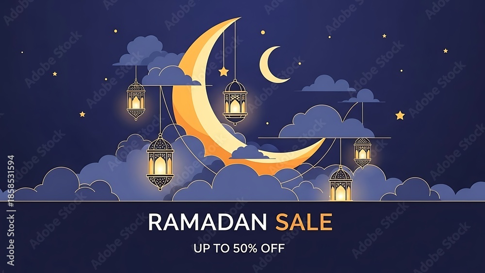 Naklejka premium Ramadan Sale Banner with Crescent Moon and Lanterns.