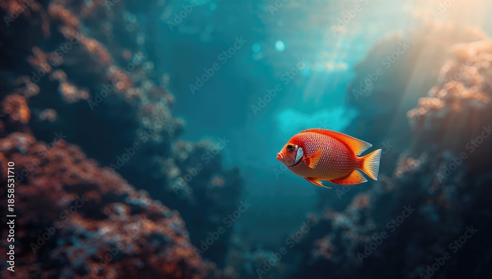 Fototapeta premium Vibrant fish in a glass aquarium, suitable as a lively UI background or aquatic-themed layout