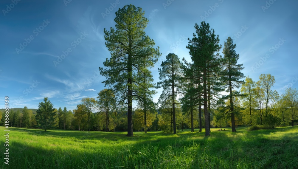 Obraz premium Summer forest scene with diverse trees including pine, spruce, oak, and birch, highlighting seasonal foliage