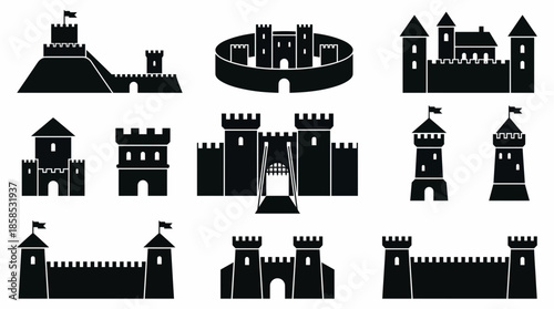 Black silhouette vector collection of various medieval castles, fortresses and towers, concept for gaming development, logo creation and web user interface design
