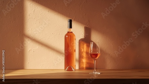 A rose wine bottle displayed on a surface, suitable for menu backgrounds